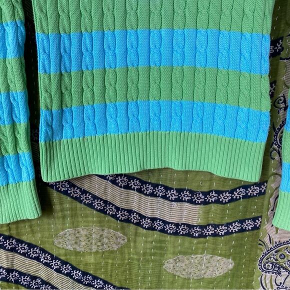 Y2K Lilly Pulitzer Blue/ Green Logo Striped Cable Knit Sweater Size Extra Small - Picture 6 of 16